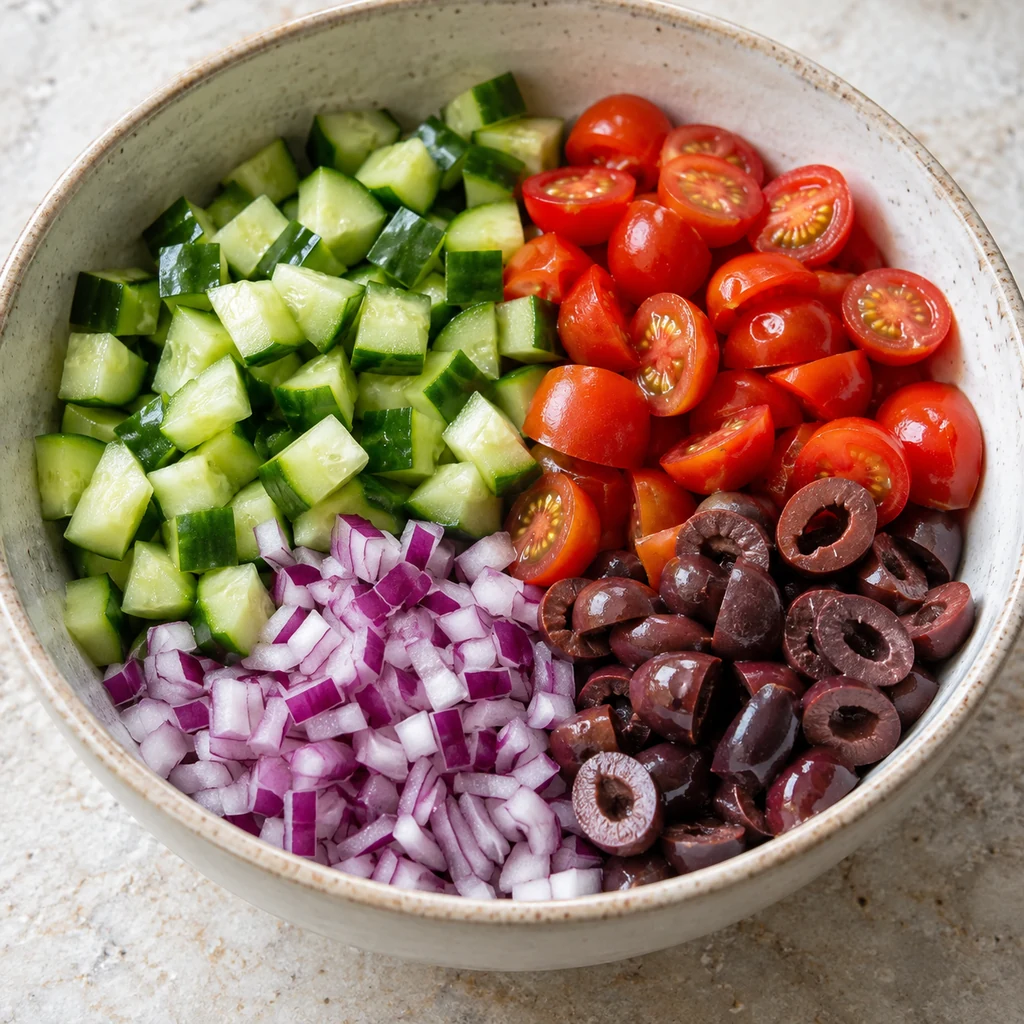 Diced cucumber, halved tomatoes, chopped red onion and sliced olives in a mixing bowl