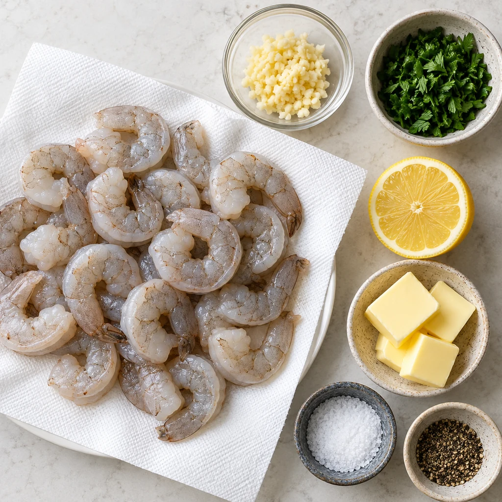Raw peeled shrimp patted dry beside minced garlic, parsley, lemon, butter, salt, and pepper