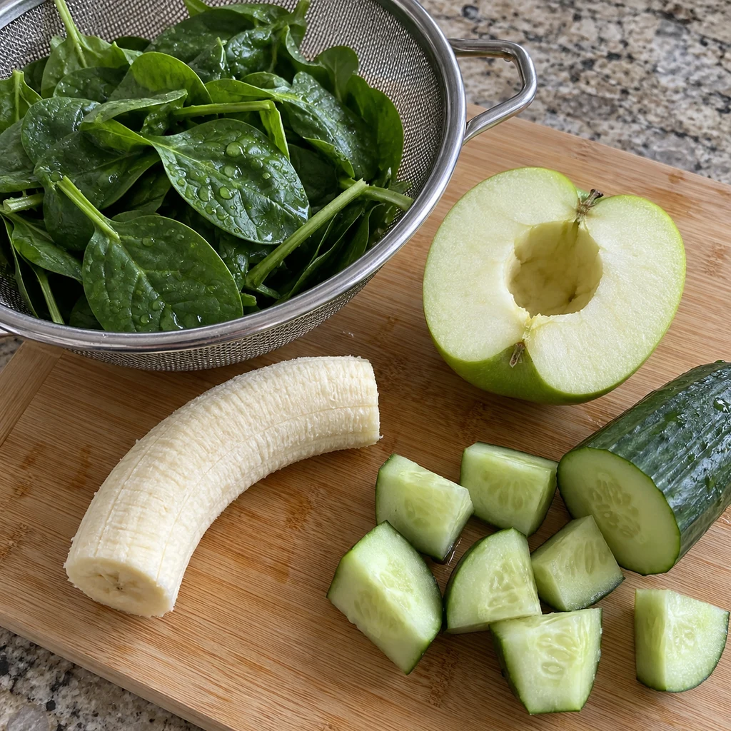Washed spinach beside cut banana, cored green apple, and chopped cucumber ready for a blender