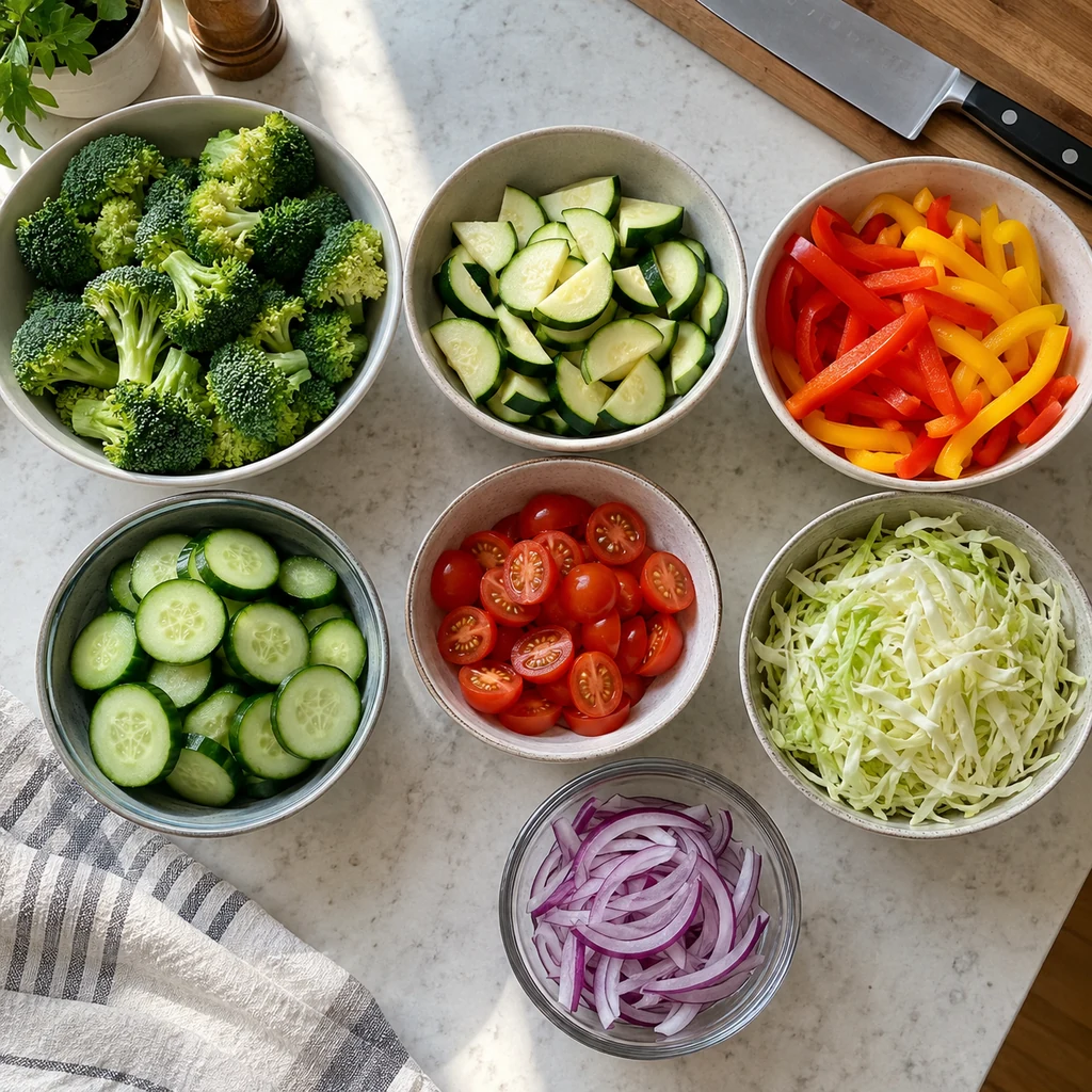 Broccoli, zucchini, peppers, cucumber, tomatoes, cabbage, and red onion prepared in separate bowls