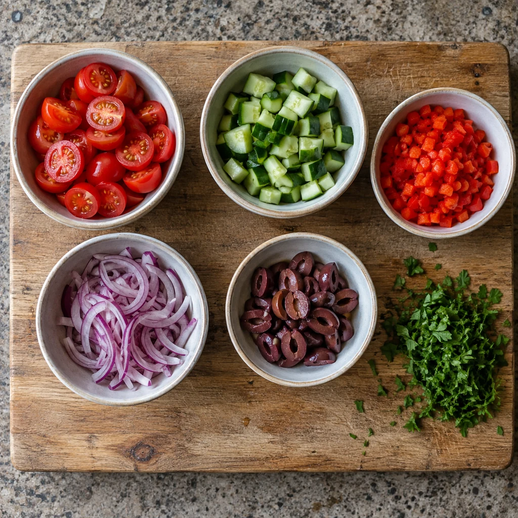 Halved cherry tomatoes, diced cucumber and pepper, sliced red onion and olives, with chopped parsley