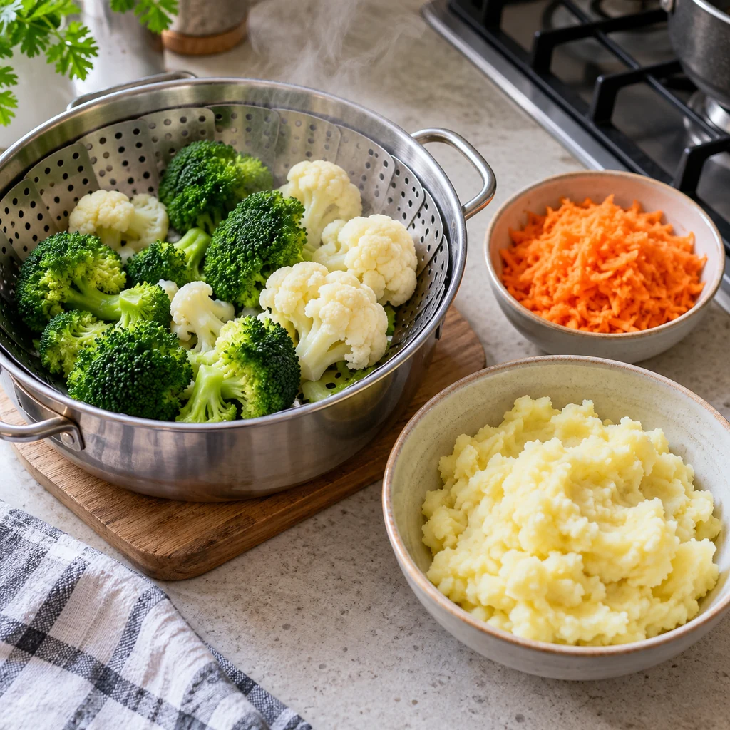 Steamed broccoli and cauliflower with grated carrot and mashed potato for veggie nuggets