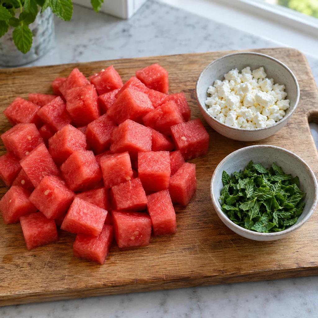Watermelon cubes, crumbled feta and chopped mint prepared separately