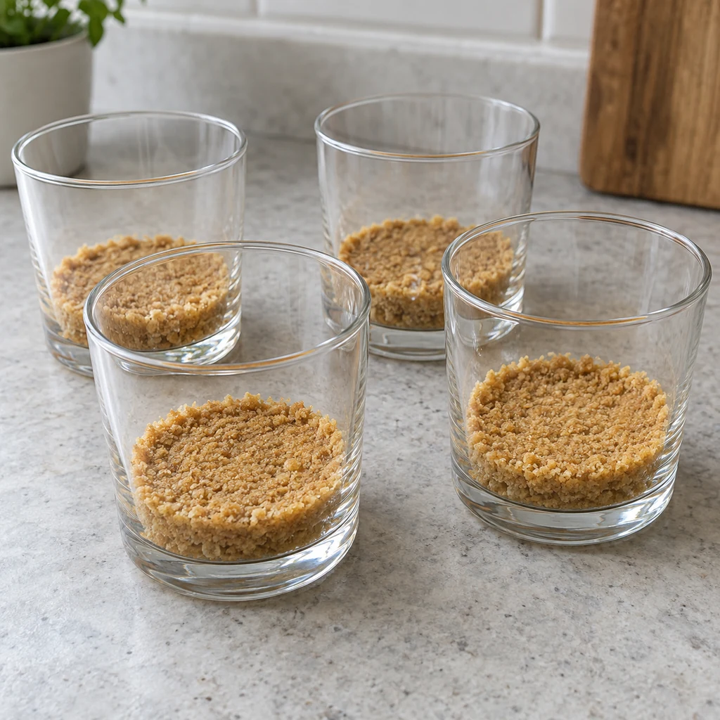 Buttered biscuit crumbs pressed into the bottoms of clear dessert glasses