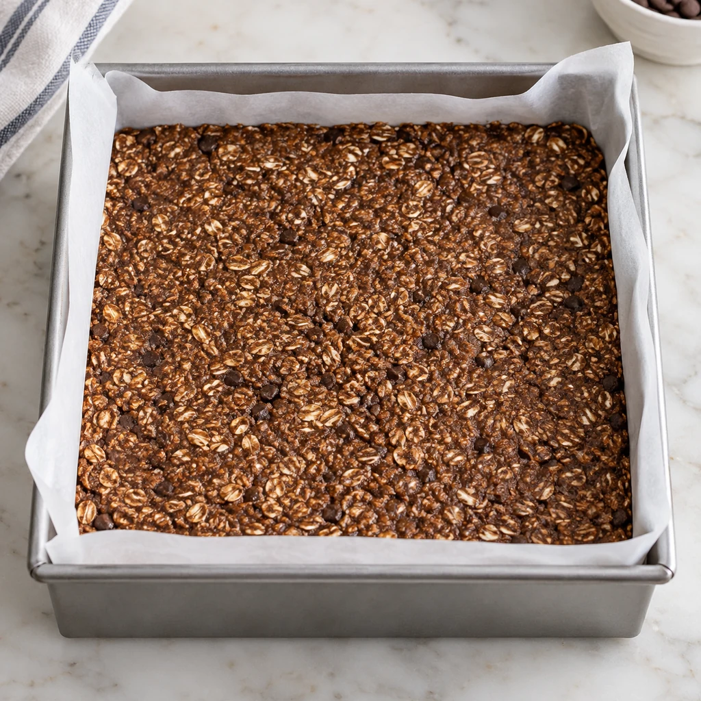 Chocolate oat mixture pressed evenly into a parchment-lined square pan