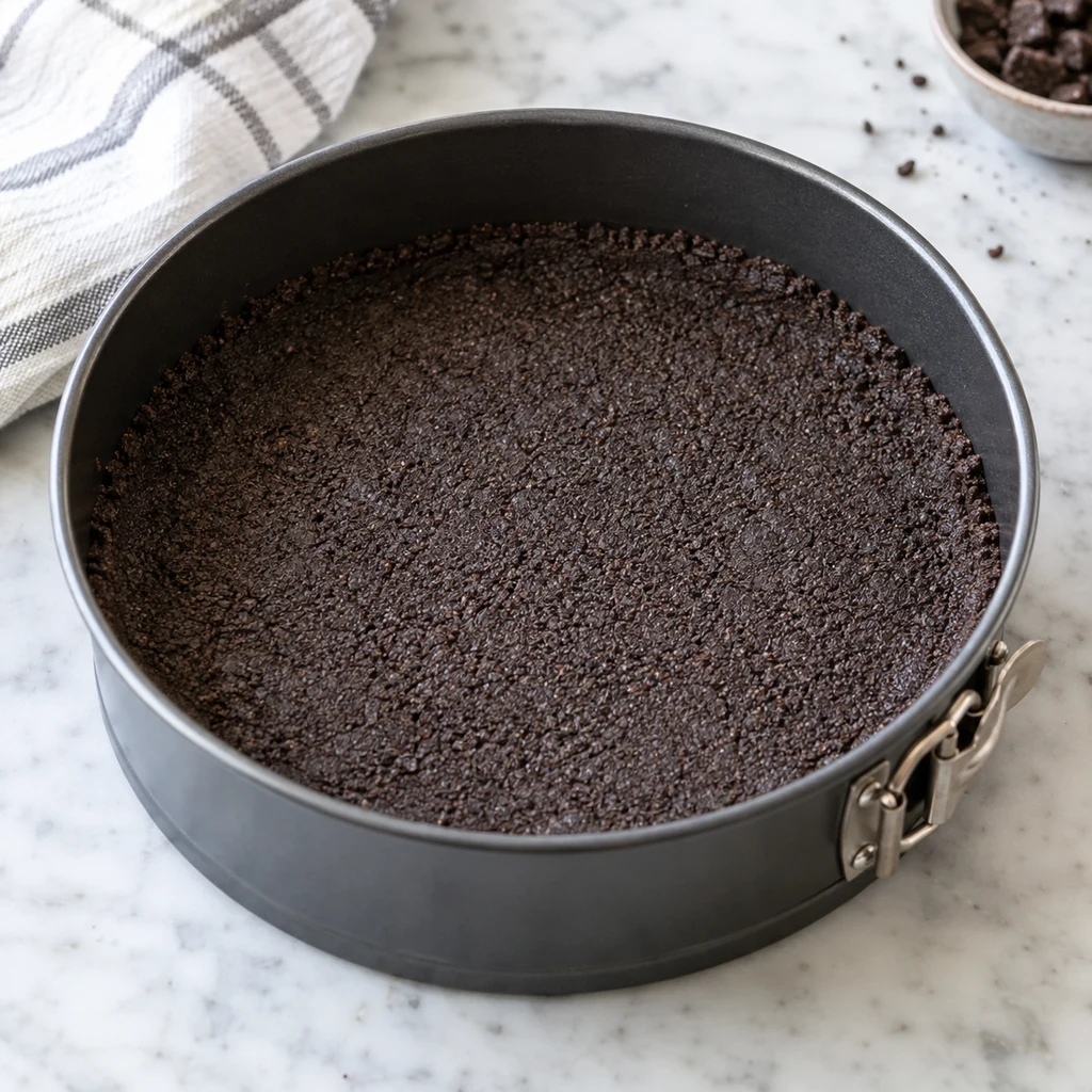 Fine chocolate cookie crumbs pressed into a springform pan for a cheesecake crust