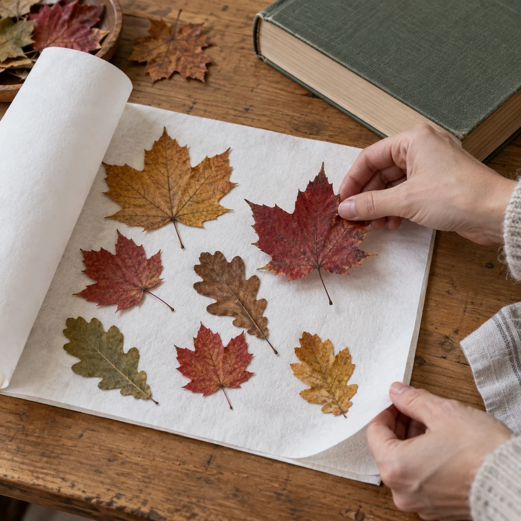 Flat red, amber, and olive autumn leaves on absorbent paper beside a heavy book