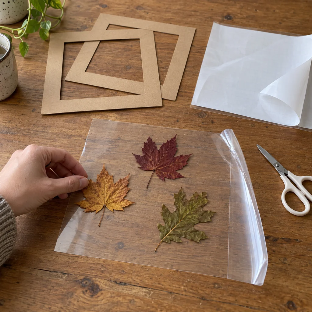 Three dry pressed leaves arranged with clear spaces on a square of transparent contact paper