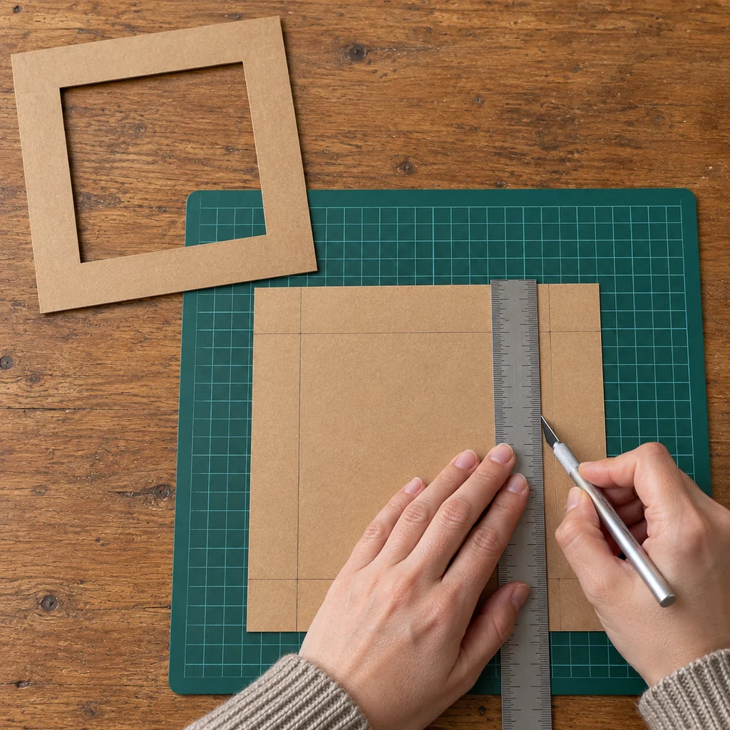 Kraft cardstock marked one inch from each edge and cut with a ruler beside a finished square frame