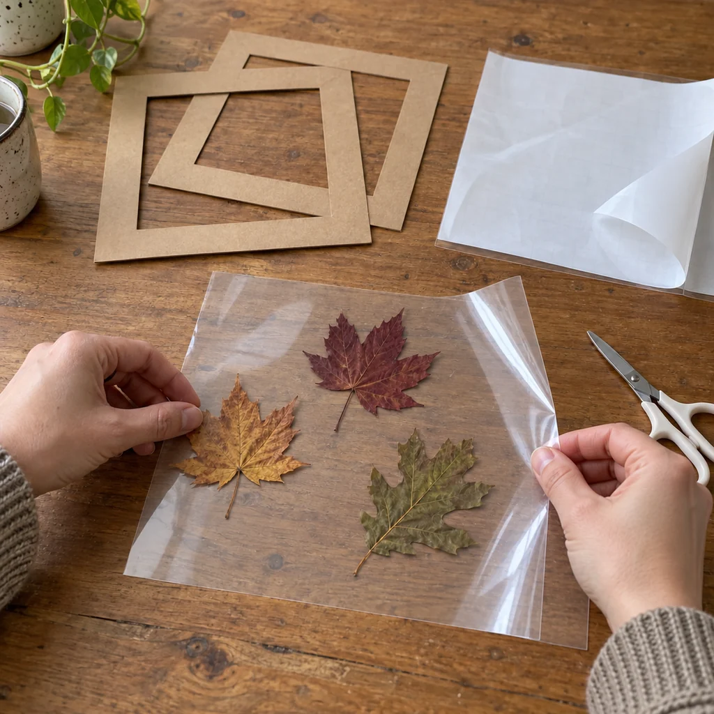 Hands smoothing a second clear contact-paper sheet over flattened autumn leaves