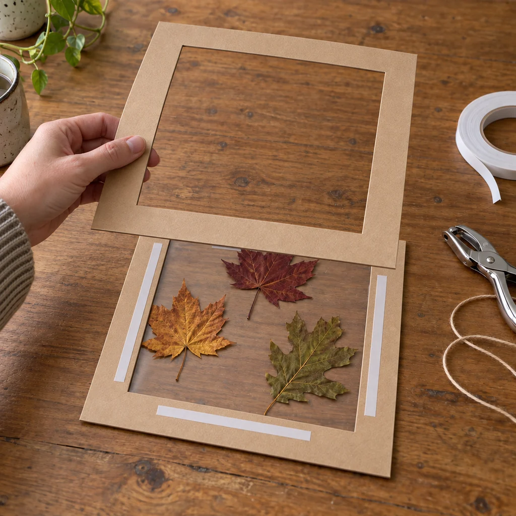 Plain square kraft frame being lowered over pressed leaves with double-sided tape on the lower frame