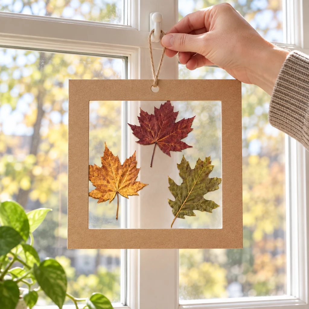 Finished square pressed-leaf suncatcher hanging from a short twine loop on a secure window-frame hook