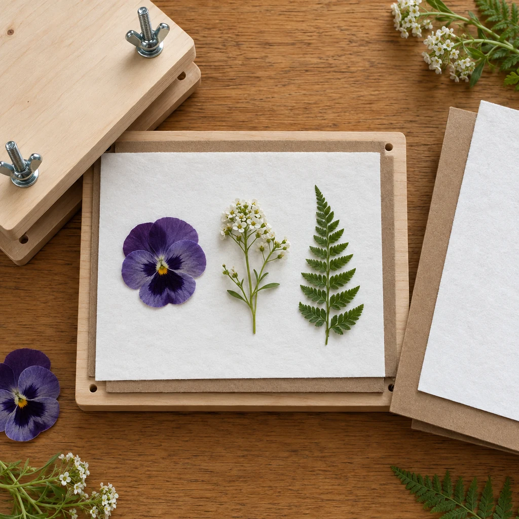 Pansy white flowers and fern arranged on absorbent paper in a flower press