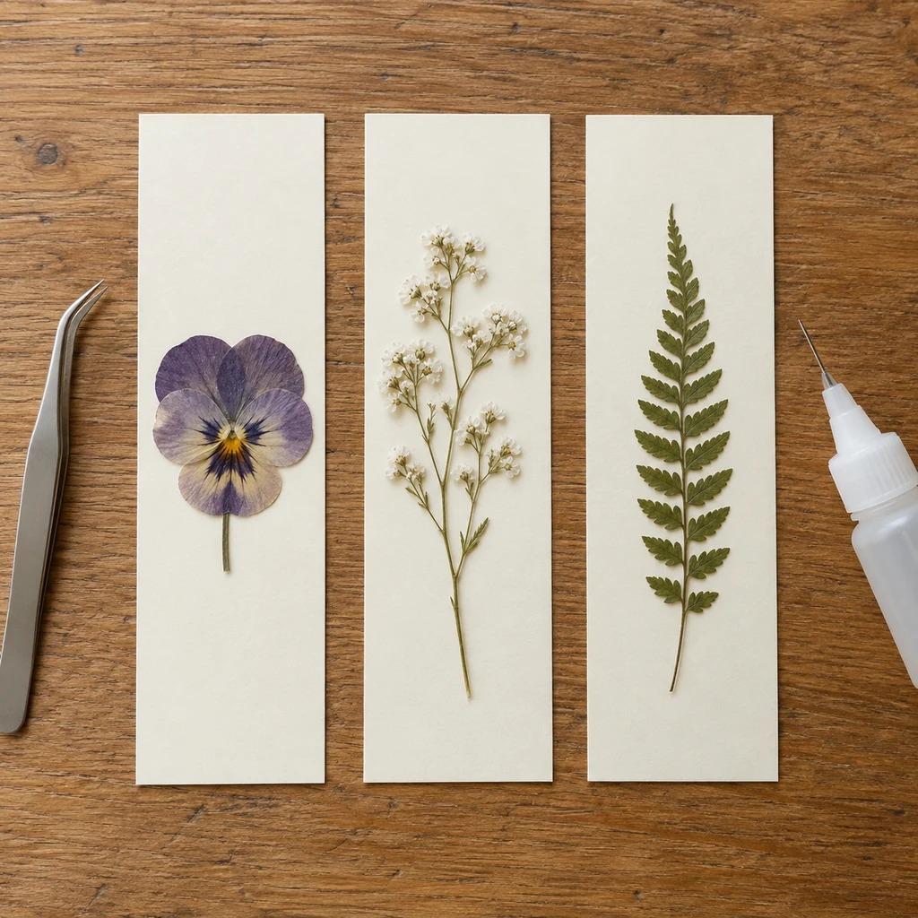 Three cream cardstock bookmark strips with dry pressed botanicals arranged before sealing