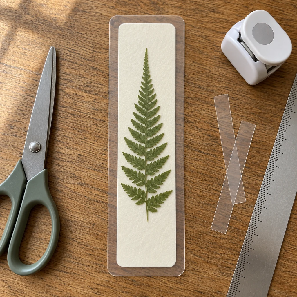 Finished pressed fern bookmark with a continuous clear sealed border and rounded corners