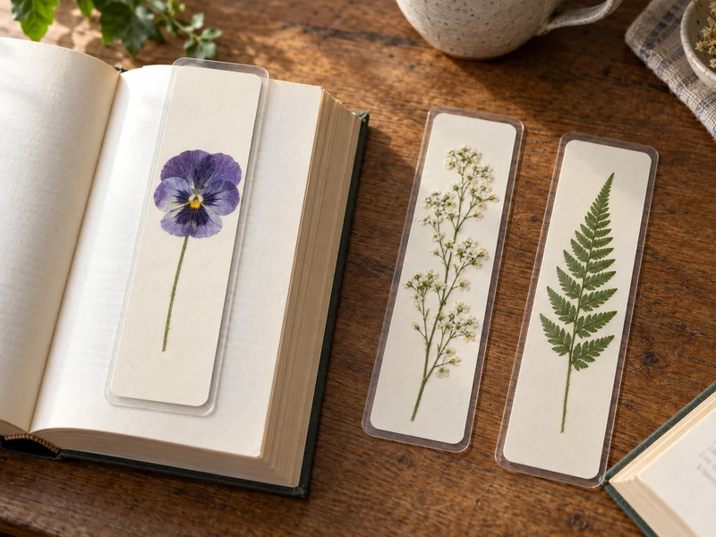 Three finished pressed flower bookmarks sealed in clear film beside an open book