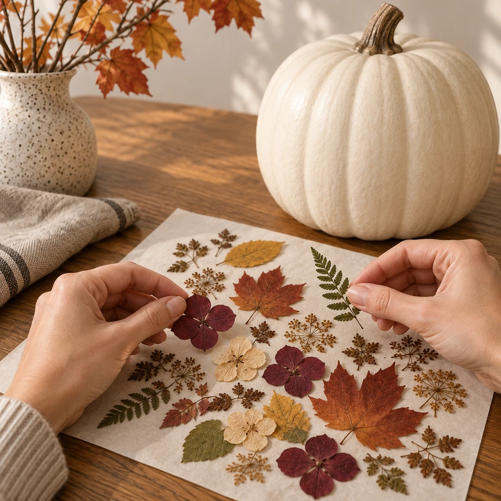 Hands sorting fully dried pressed autumn botanicals beside a blank ivory faux pumpkin