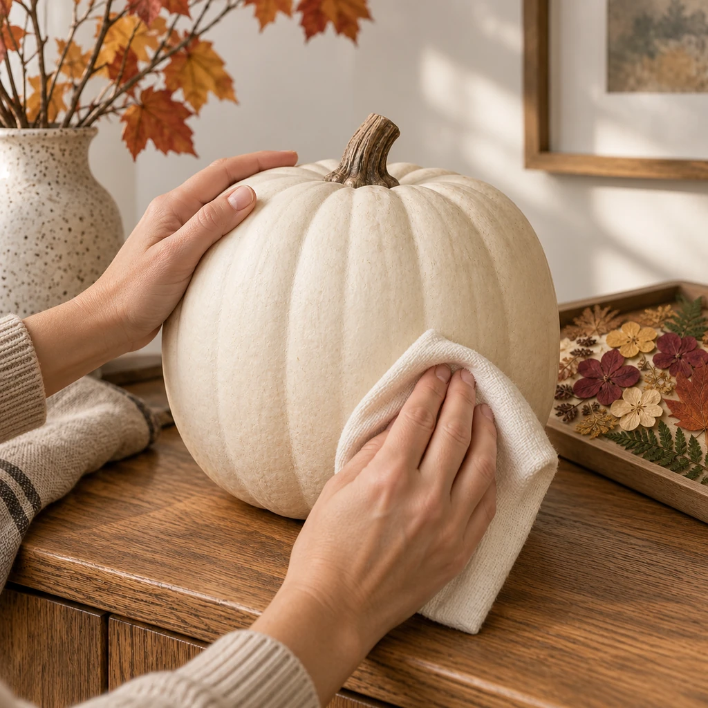 Hands wiping a matte ivory faux pumpkin with a dry lint-free cloth