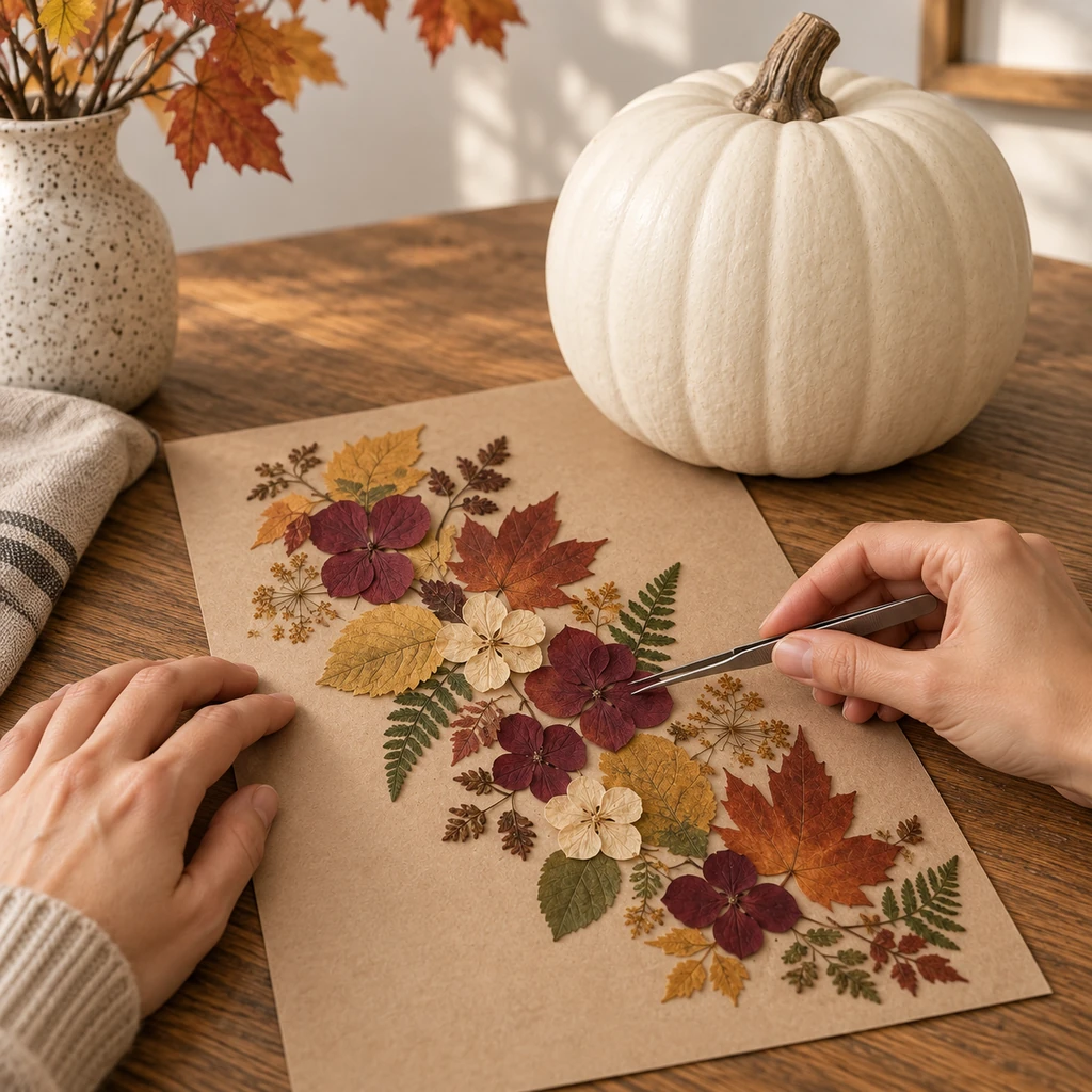 Hands planning a diagonal pressed-botanical arrangement on kraft paper beside an ivory pumpkin