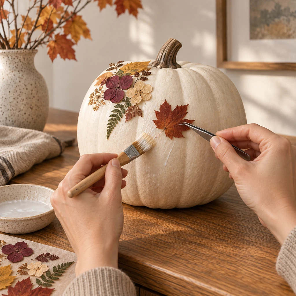 Hands attaching a rust pressed leaf to a small adhesive-coated section of an ivory faux pumpkin