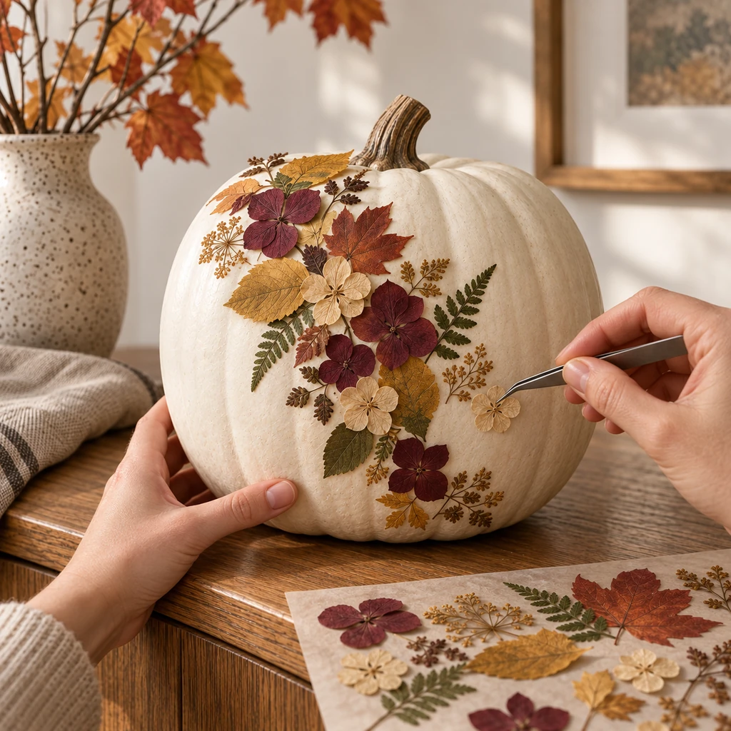 Hands adding a small beige pressed flower to a partly finished botanical pumpkin cascade