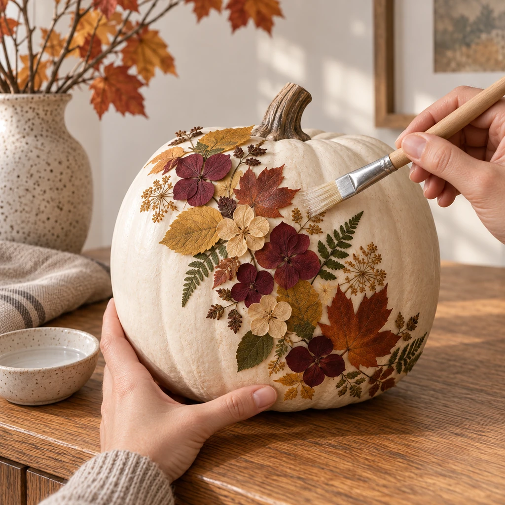 Hand brushing a thin clear matte topcoat over a pressed rust leaf on a finished ivory pumpkin