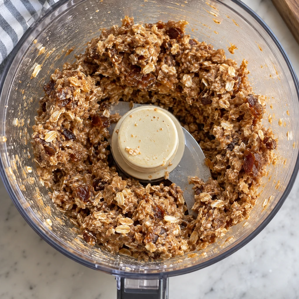 Chopped dates, rolled oats, almond butter, and maple syrup processed into a sticky mixture