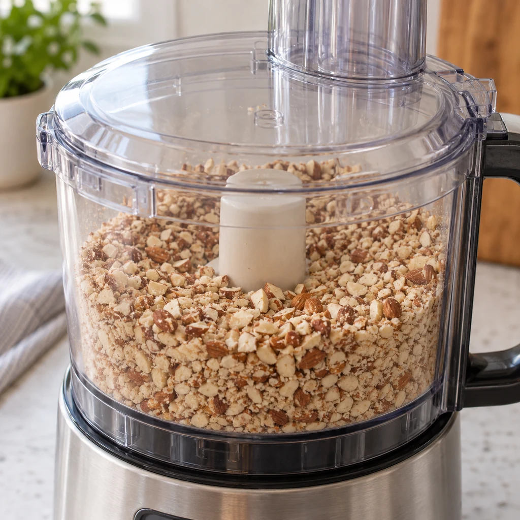 Raw almonds processed into a coarse even meal in a food processor