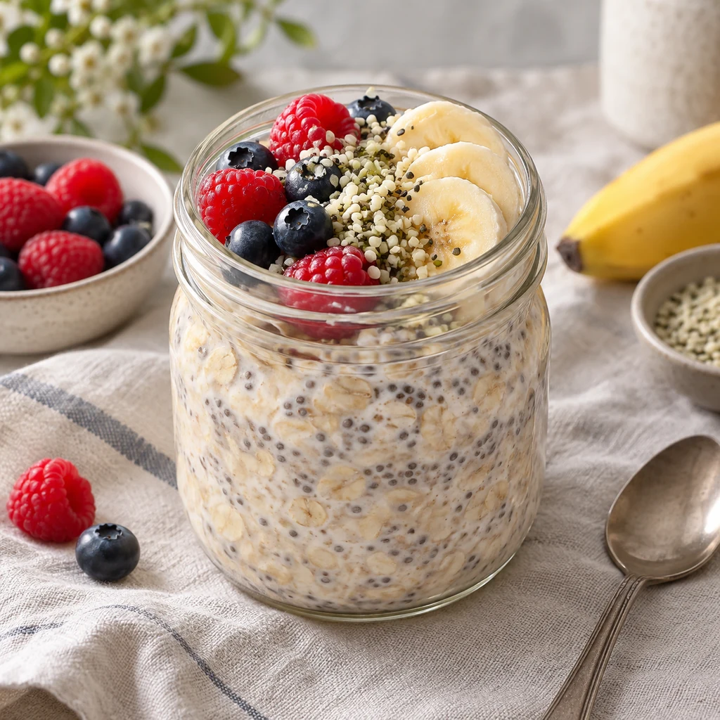 Overnight oats with chia, berries, banana, and hemp seeds.