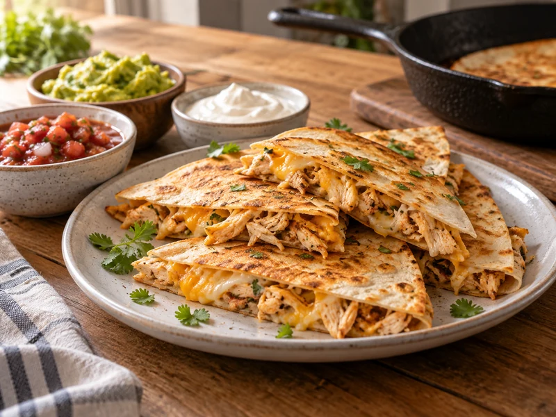 Golden chicken quesadilla wedges with salsa sour cream and guacamole