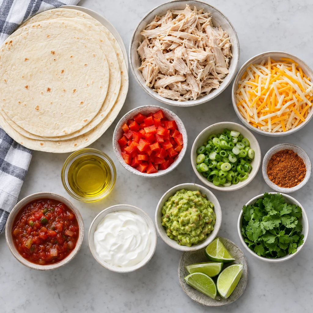 Ingredients for quick and easy chicken quesadillas arranged on a kitchen counter