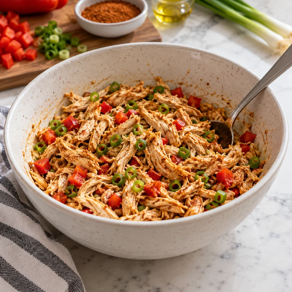 Seasoned shredded chicken filling with peppers and green onions