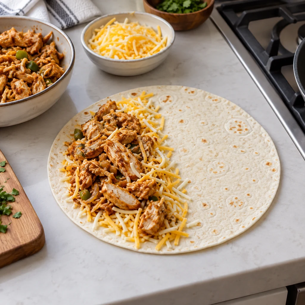 Tortilla filled on one side with chicken and shredded cheese