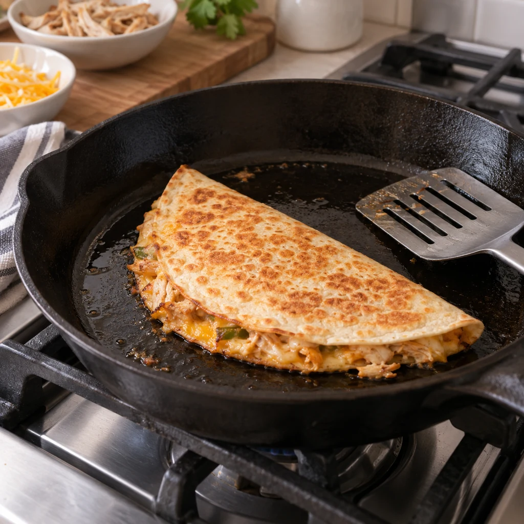 Folded chicken quesadilla toasting in a cast iron skillet