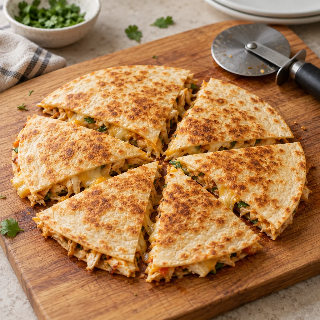 Cooked chicken quesadilla sliced into wedges on a cutting board