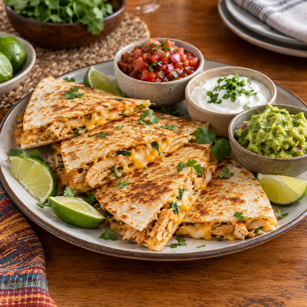 Chicken quesadilla wedges served with salsa sour cream guacamole and lime