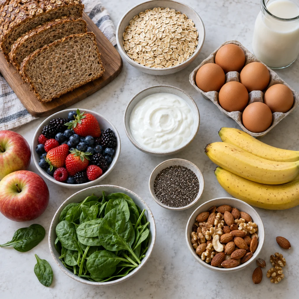 Whole-grain bread, oats, eggs, yogurt, fruit, greens, nuts, chia seeds, and milk for quick breakfasts
