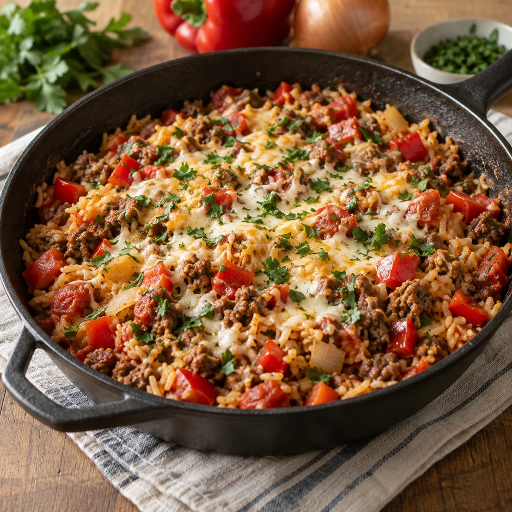 Ground beef, rice, red bell pepper, onion, tomato, and melted cheese in a cast-iron skillet