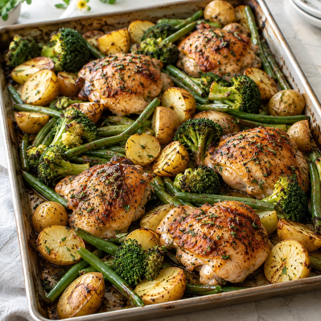 Roasted garlic butter chicken pieces with baby potatoes, broccoli, and green beans on one sheet pan