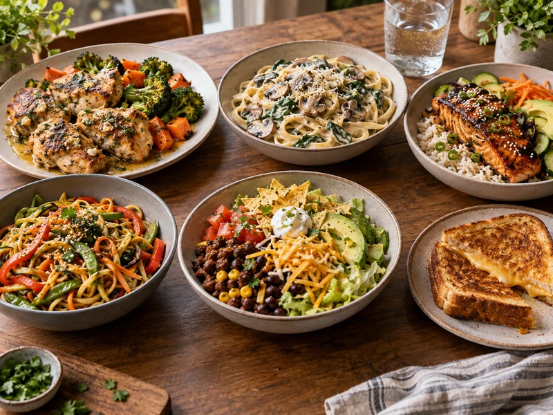 A family-style table with garlic butter chicken, creamy mushroom pasta, glazed salmon rice, vegetable noodles, taco bowl, and grilled cheese