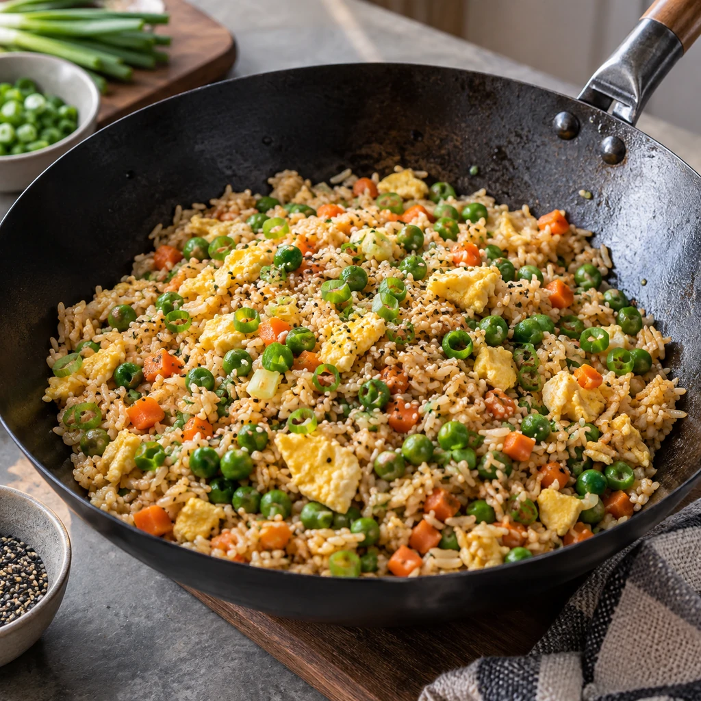 Egg fried rice with peas, carrots, spring onions, and sesame seeds in a wok