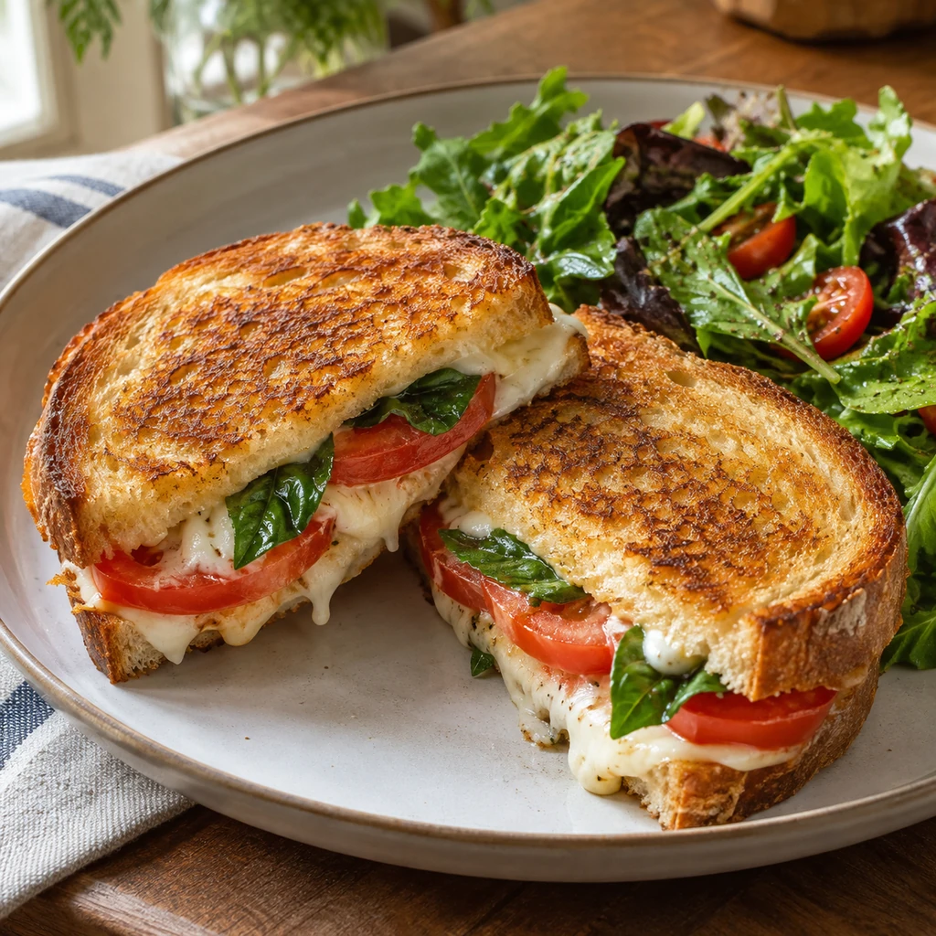 Golden Caprese grilled cheese sandwiches with melted mozzarella, tomato slices, and fresh basil