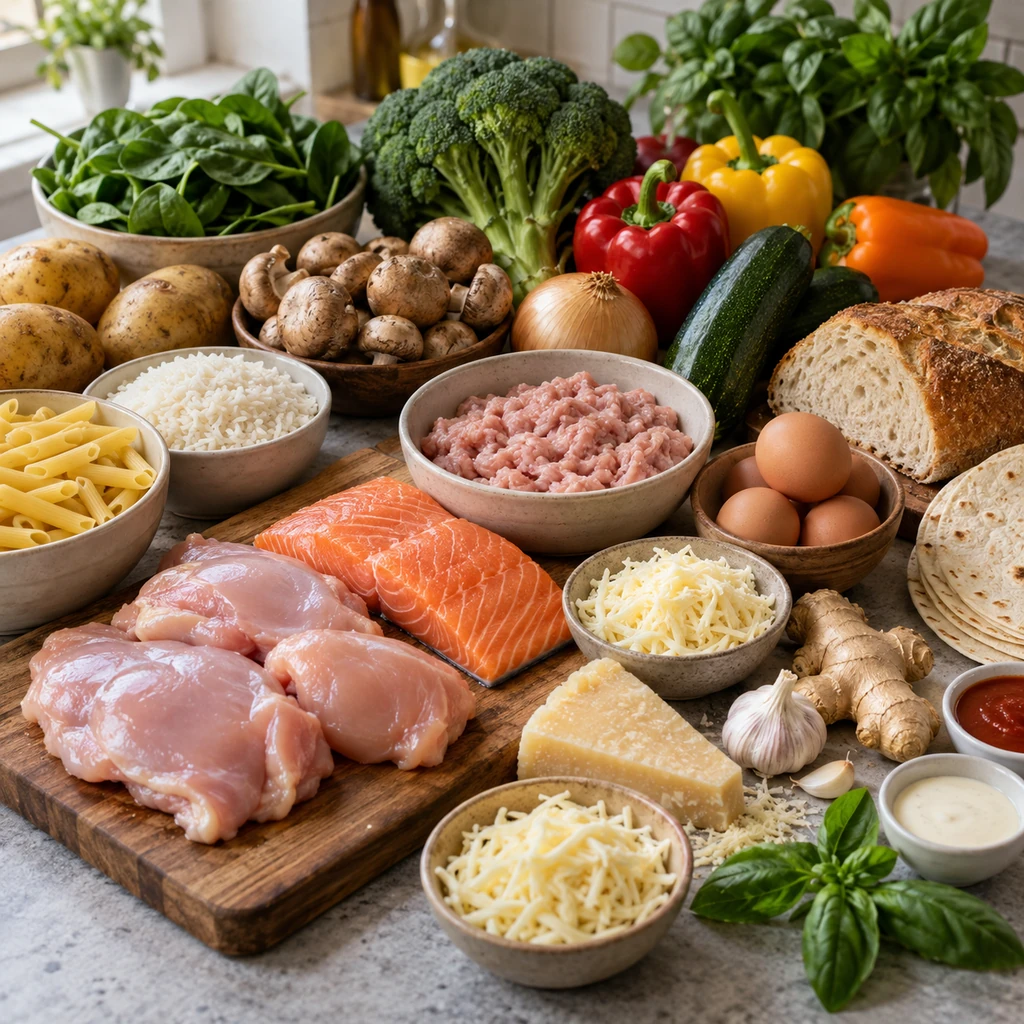 Chicken, salmon, ground turkey, eggs, pasta, rice, tortillas, vegetables, herbs, cheese, and pantry sauces arranged for quick dinners
