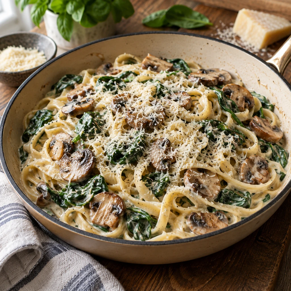 Creamy mushroom and spinach pasta finished with Parmesan in a shallow skillet