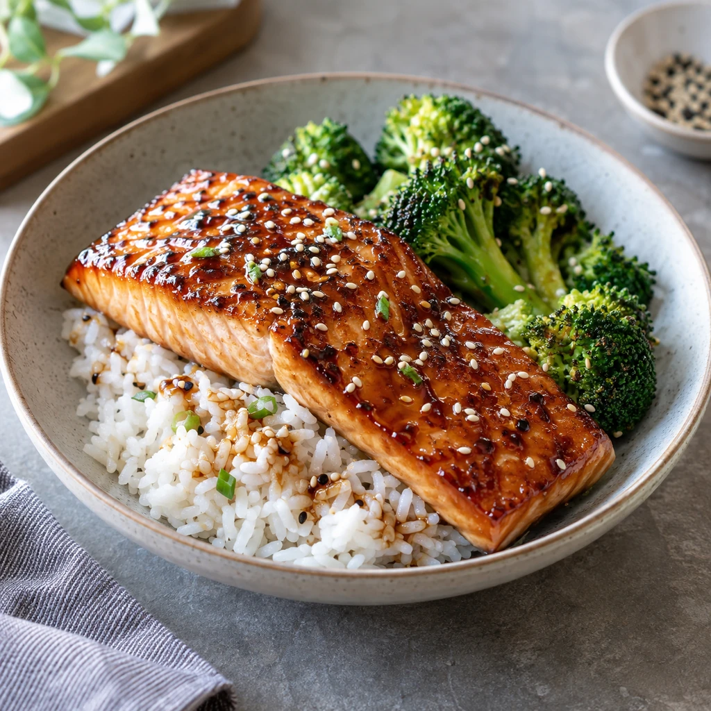 Honey soy glazed salmon fillet over rice with steamed broccoli and sesame seeds