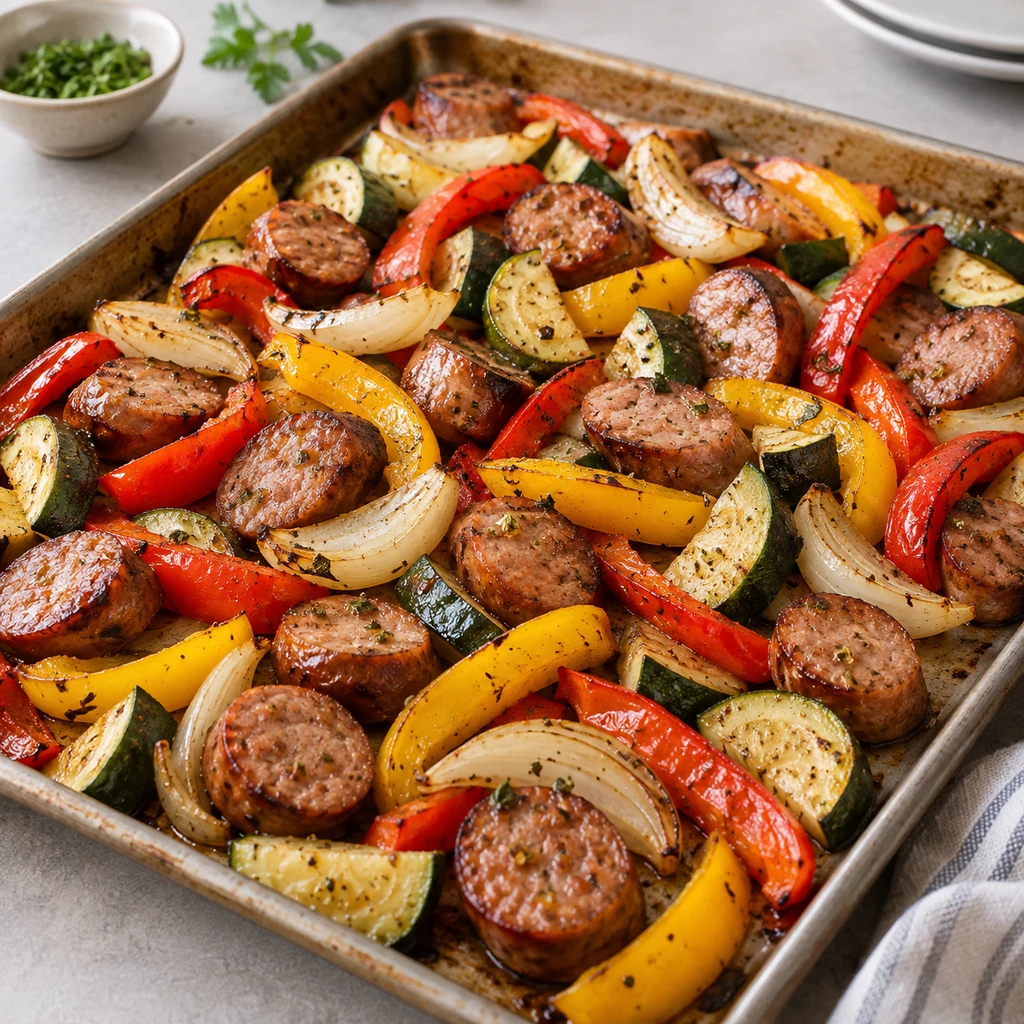 Roasted sliced sausage with red and yellow peppers, onion, and zucchini on a sheet pan