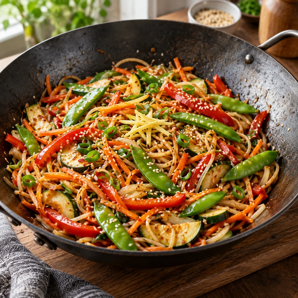 Colorful vegetable noodle stir-fry with carrots, snap peas, peppers, zucchini, ginger, and sesame seeds
