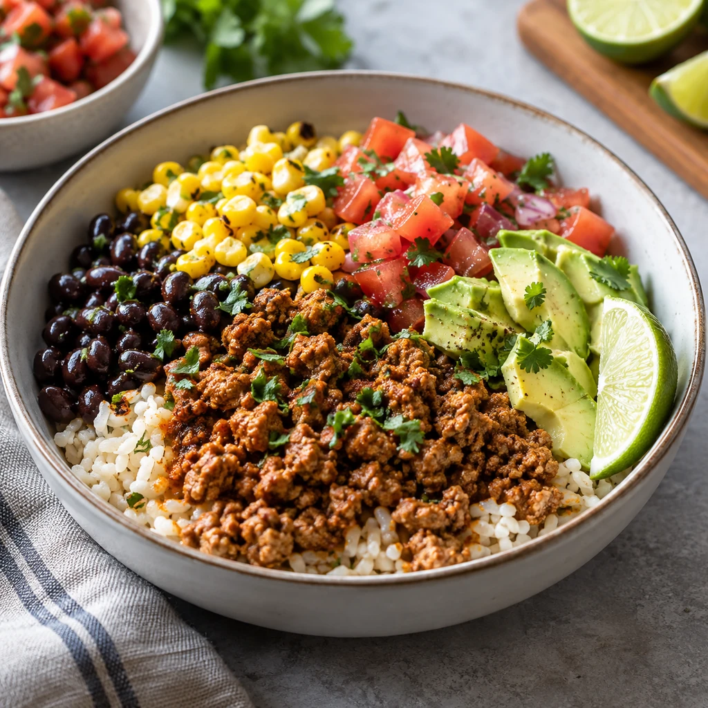 Turkey taco bowl with seasoned ground turkey, rice, black beans, corn, avocado, tomato salsa, and lime