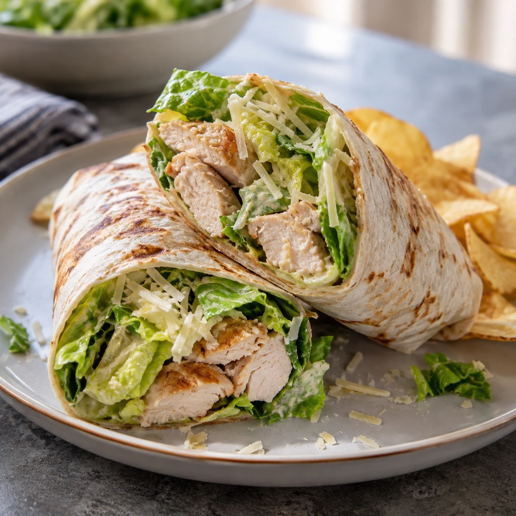 Two chicken Caesar wraps filled with sliced cooked chicken, romaine, Parmesan, and creamy dressing