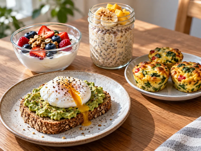 Avocado toast, yogurt parfait, overnight oats, and egg muffins for a quick breakfast